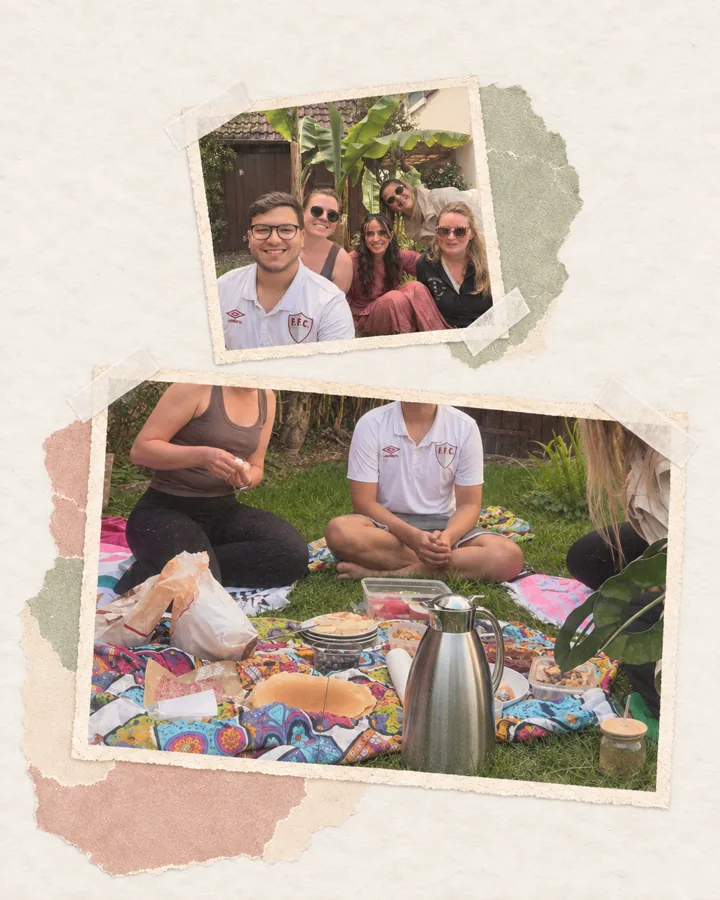 Friends sharing food together at a yoga picnic